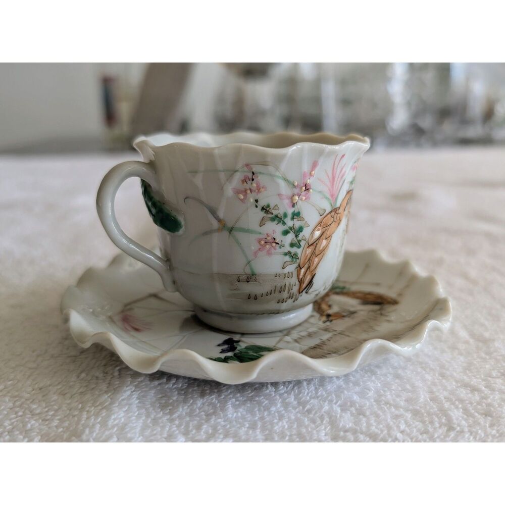 Vtg Japanese Porcelain Demitasse Cup & Saucer Bird Floral Hand Painted
